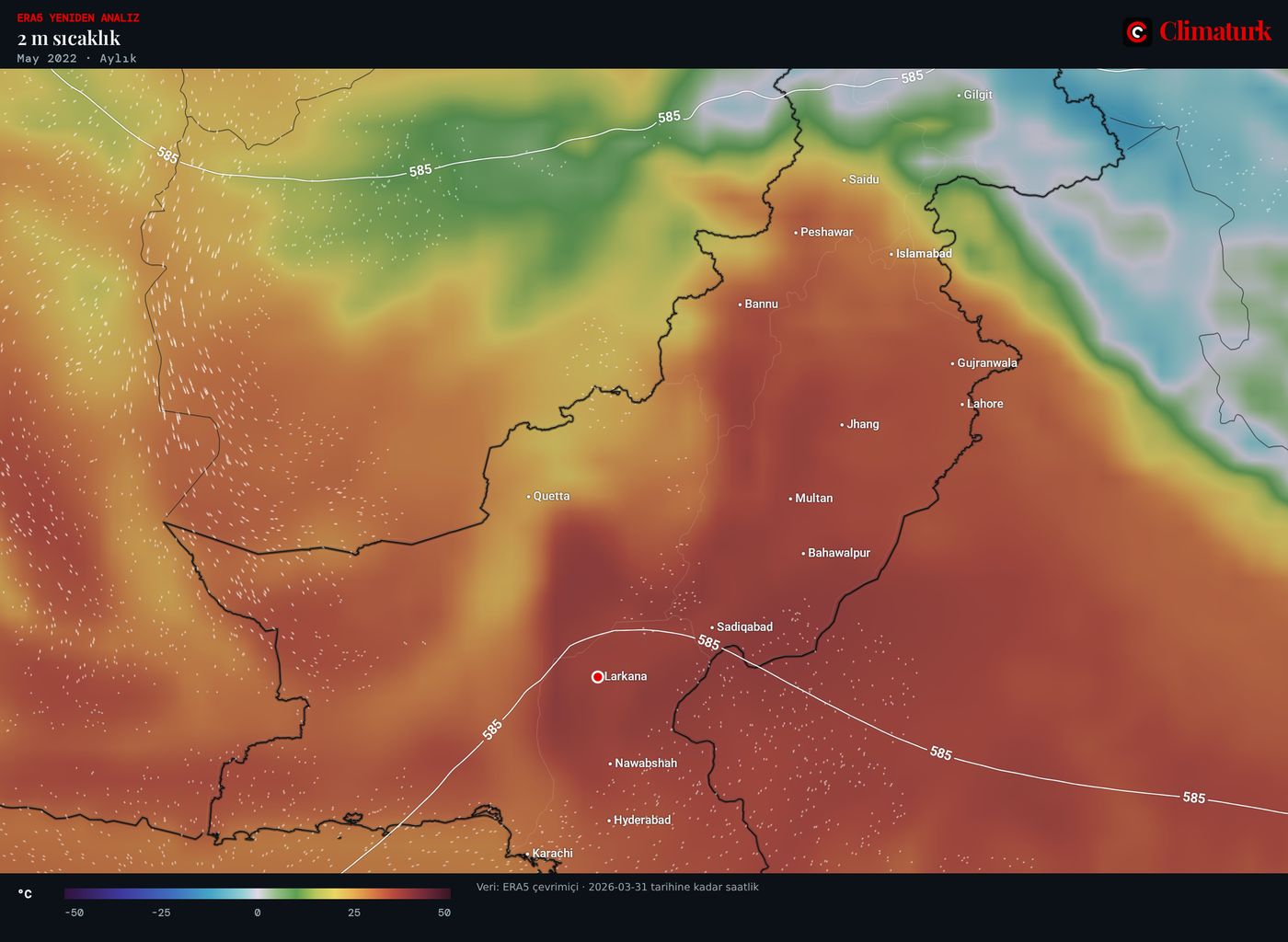 Mayıs 2022'de Pakistan üzerinde ERA5 2 m sıcaklığı ortalaması