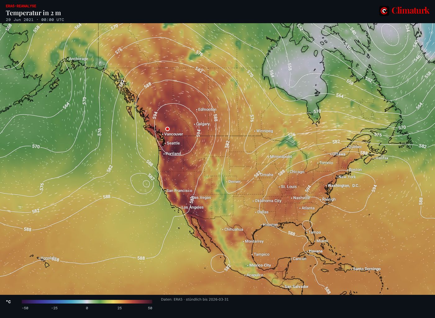 Nordamerikakarte: ERA5-Temperatur in 2 m am 29. Juni 2021 um 00 UTC, mit über 40 °C über British Columbia, Washington und Oregon unter dem 500-hPa-Rücken.