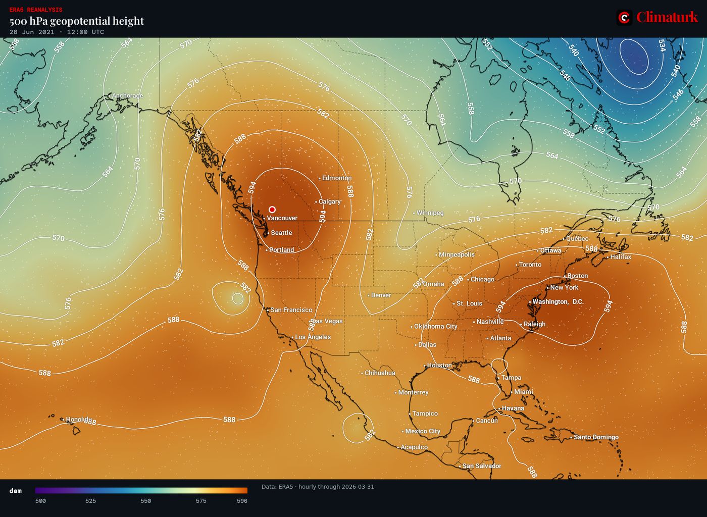ERA5 500 hPa geopotential height over North America, 28 June 2021 12 UTC