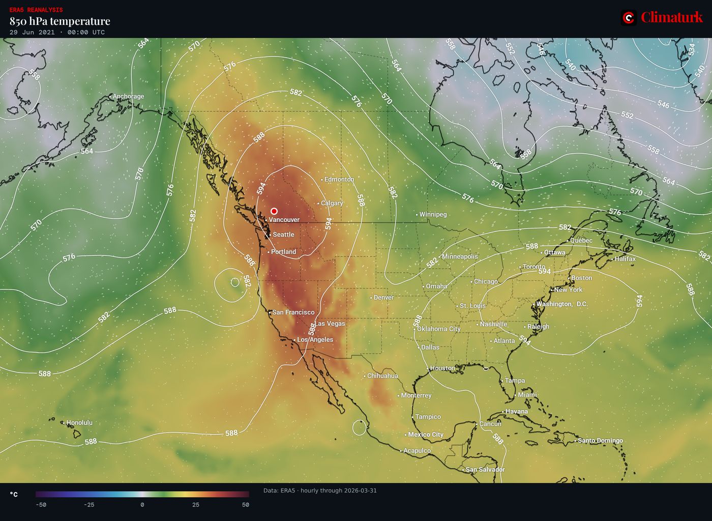 ERA5 850 hPa temperature over North America, 29 June 2021 00 UTC