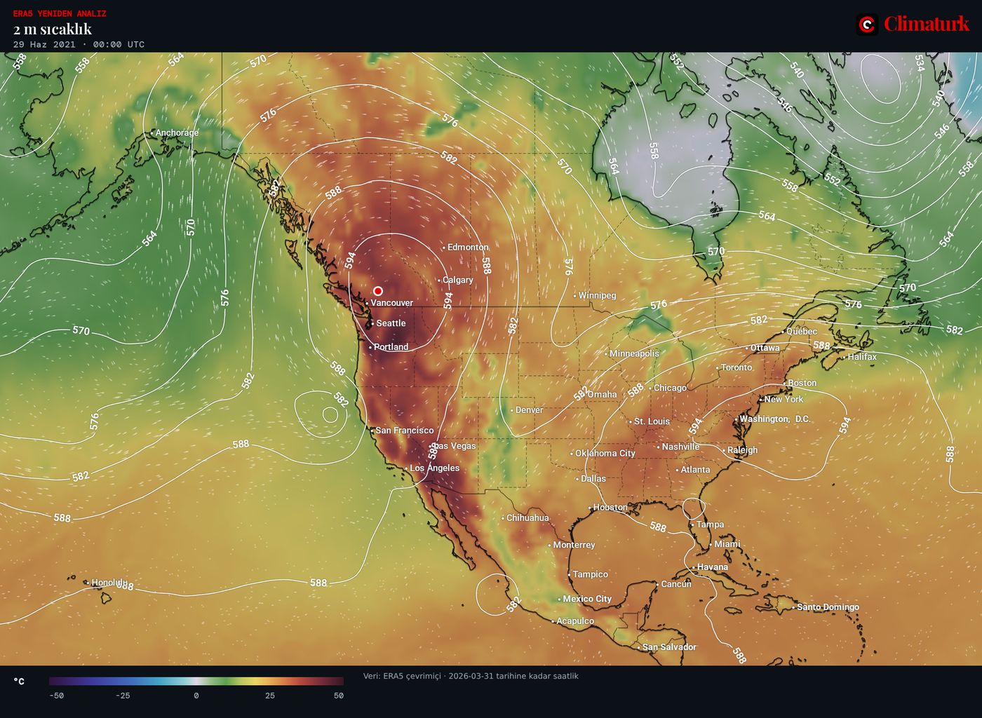 Kuzey Amerika haritası: 29 Haziran 2021, 00 UTC'de ERA5 2 m sıcaklığı; 500 hPa sırtı altında Britanya Kolumbiyası, Washington ve Oregon üzerinde 40 °C'nin üzerinde sıcaklıklar.
