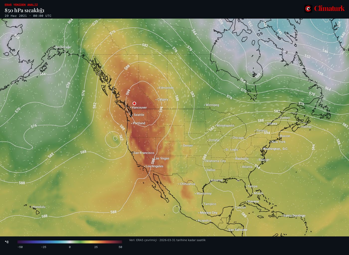 ERA5 850 hPa sıcaklığı, Kuzey Amerika, 29 Haziran 2021 00 UTC