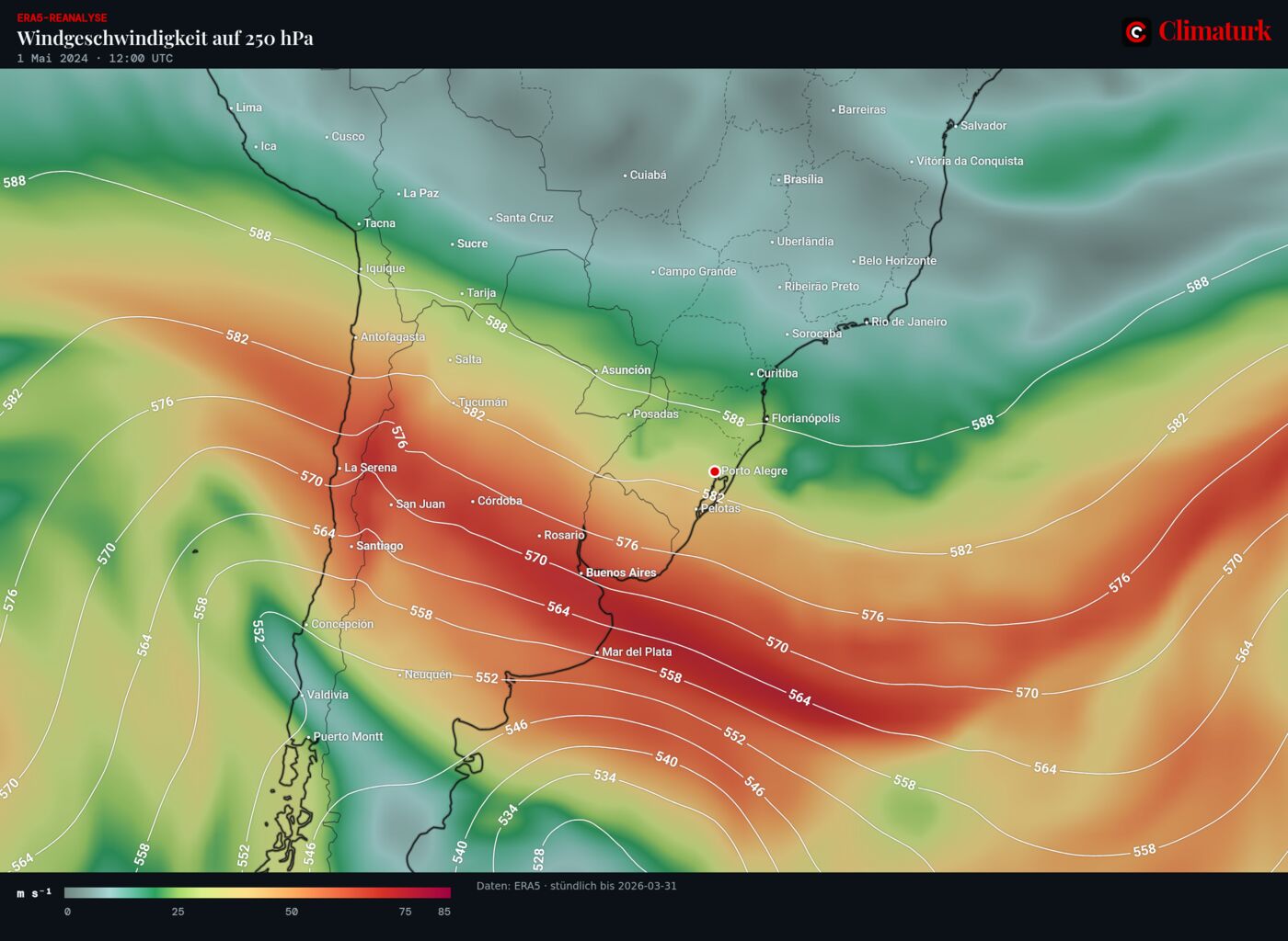 ERA5-Wind in 250 hPa und Geopotential in 500 hPa über Südamerika, 1. Mai 2024 12 UTC