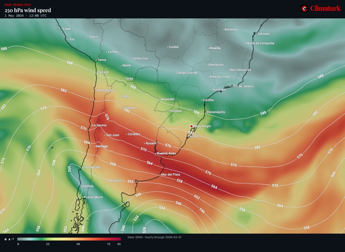 ERA5 250 hPa wind and 500 hPa height over South America, 1 May 2024 12 UTC