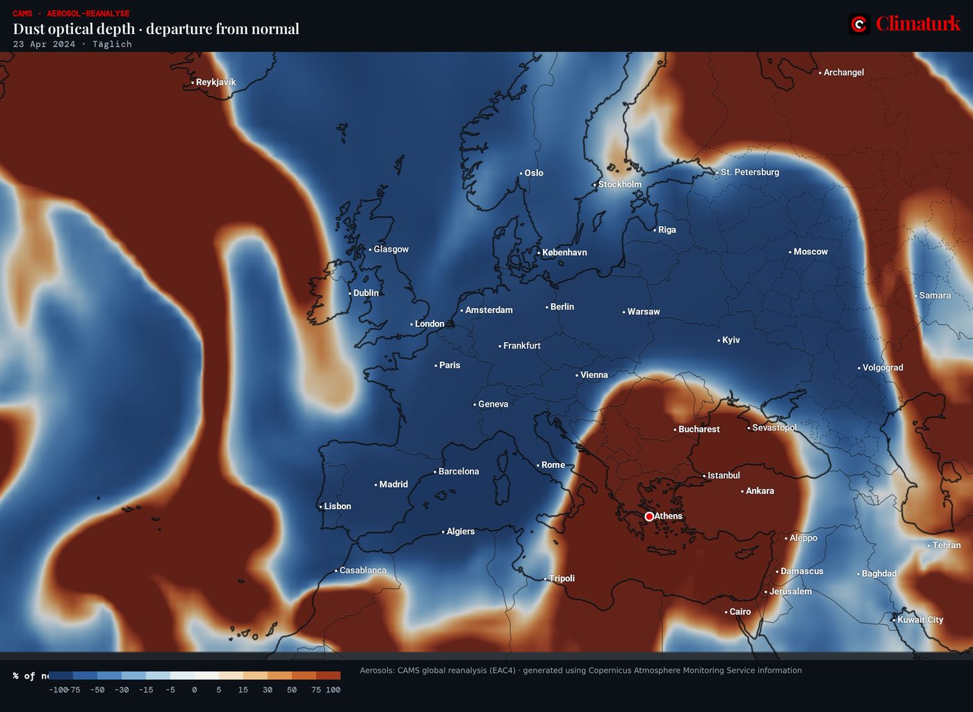 Optische Dicke des Staubs gegenüber dem April-Mittel, 23. April 2024