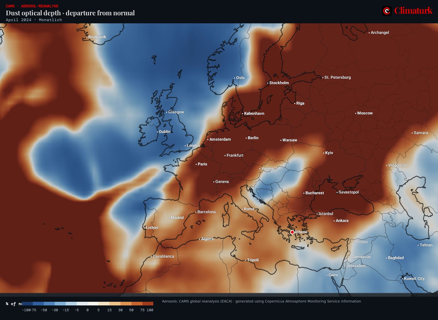 Optische Dicke des Staubs gegenüber dem Normalwert, April 2024 insgesamt
