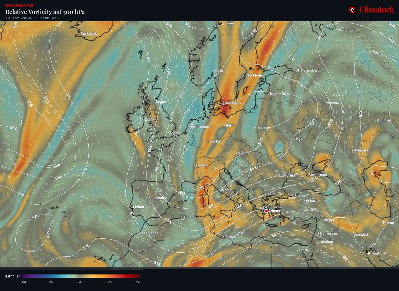 ERA5: Vorticity und geopotentielle Höhe in 500 hPa, 22. April 2024 12 UTC