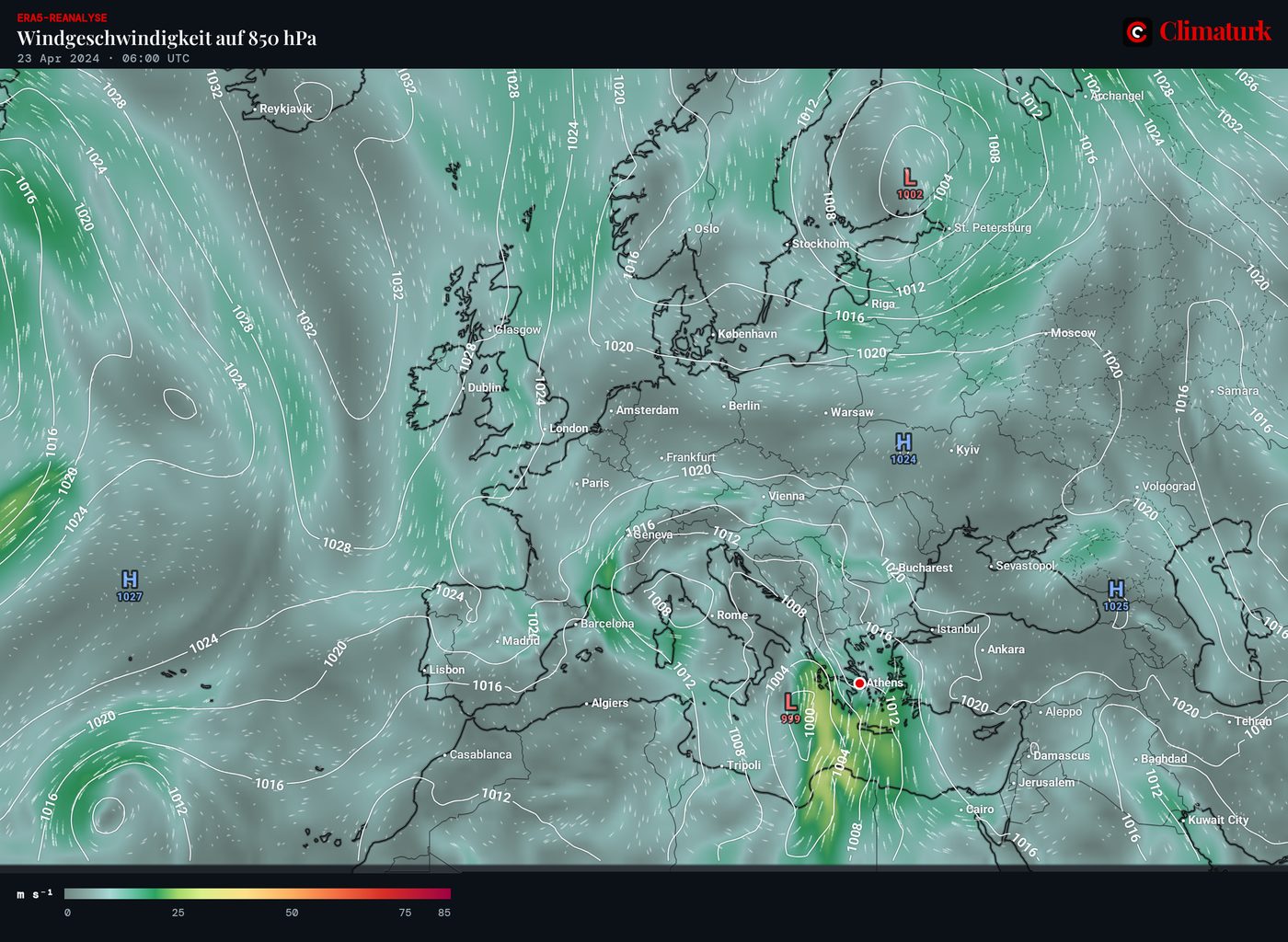 ERA5: Windgeschwindigkeit in 850 hPa und Bodendruck, 23. April 2024 06 UTC