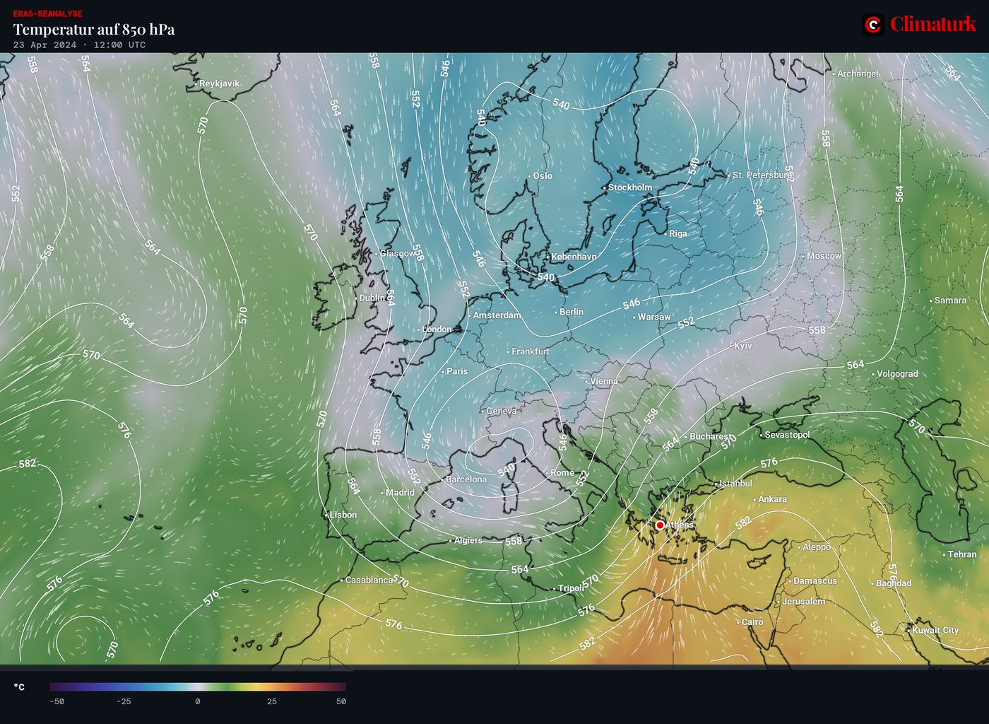 ERA5: Temperatur in 850 hPa und Höhe der 500-hPa-Fläche, 23. April 2024 12 UTC