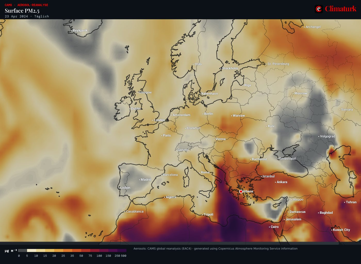 PM2.5 am Boden über Europa am 23. April 2024