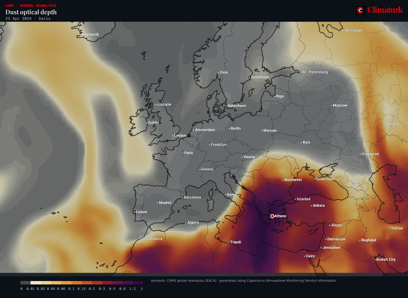 Map of Europe: dust optical depth on 23 April 2024. The thickest dust, above 1, lies over Greece, the Aegean and western Türkiye, joined to the Sahara through Libya.