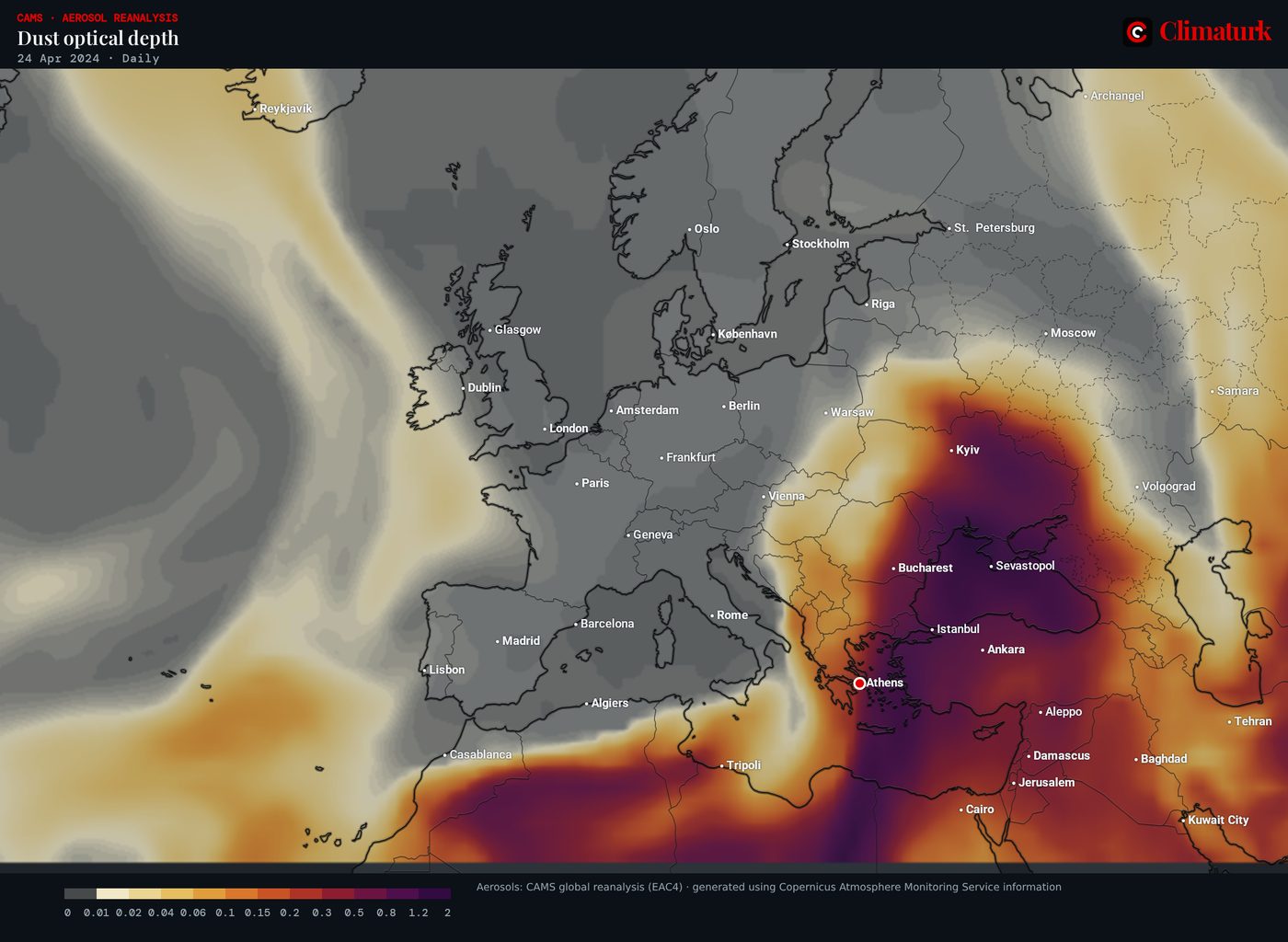 Dust optical depth on 24 April 2024