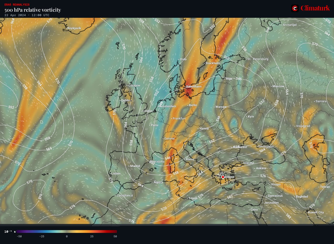ERA5 500 hPa vorticity and geopotential height, 22 April 2024 12 UTC