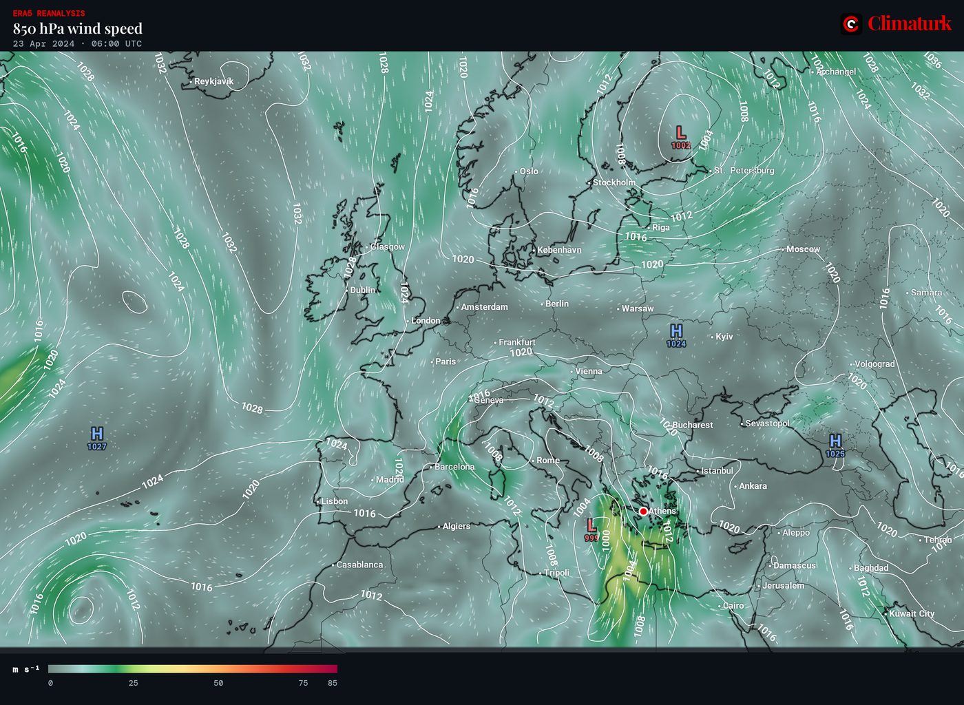 ERA5 850 hPa wind speed with sea-level pressure, 23 April 2024 06 UTC