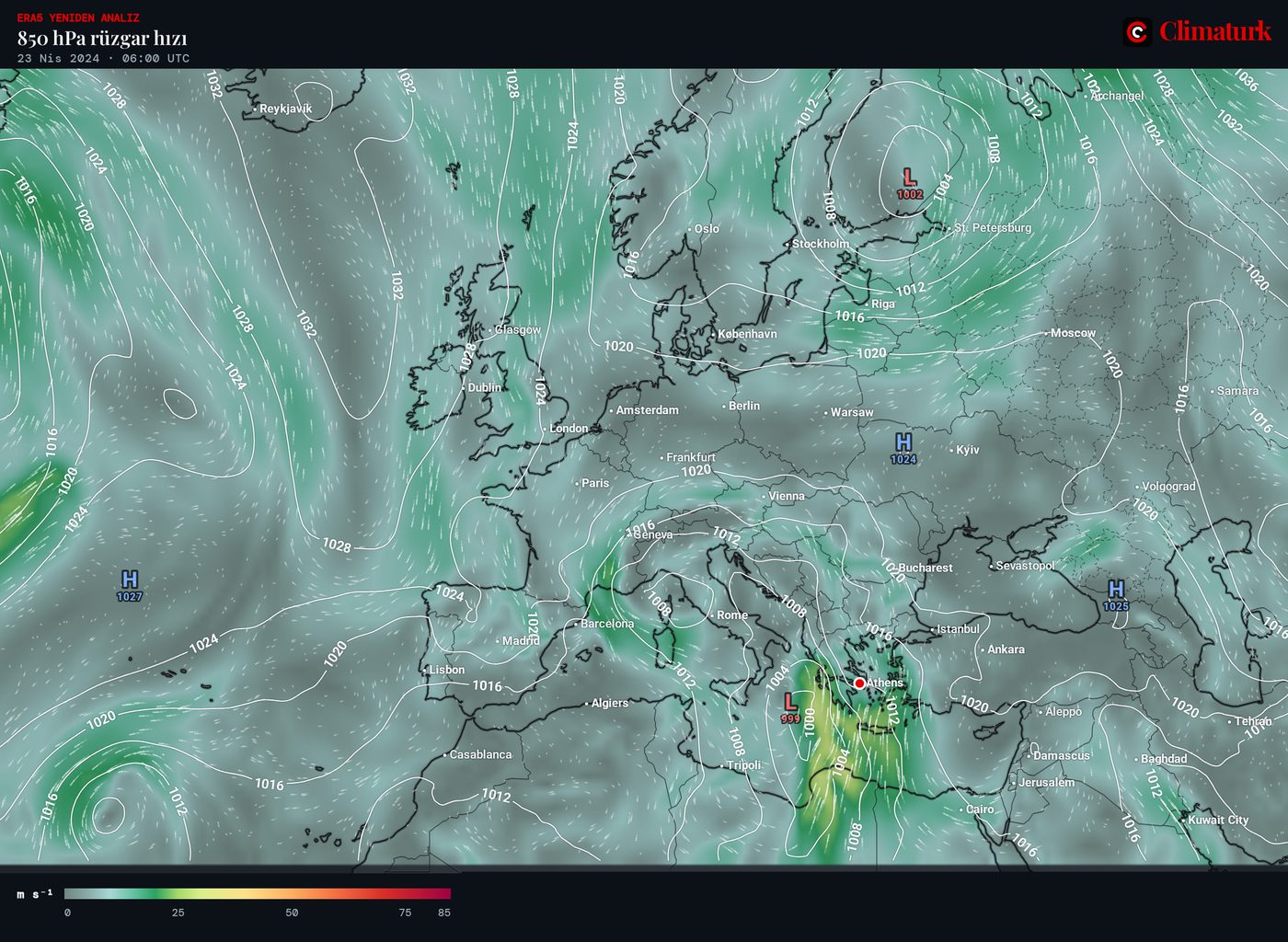 ERA5 850 hPa rüzgâr hızı ve deniz seviyesi basıncı, 23 Nisan 2024 06 UTC