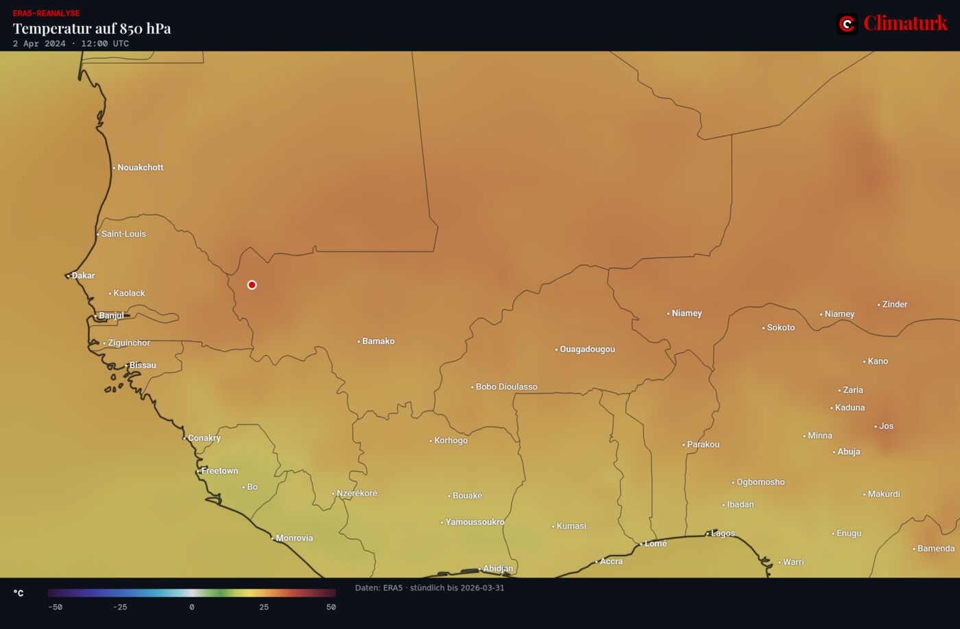 ERA5-Temperatur in 850 hPa über Westafrika, 2. April 2024 12 UTC