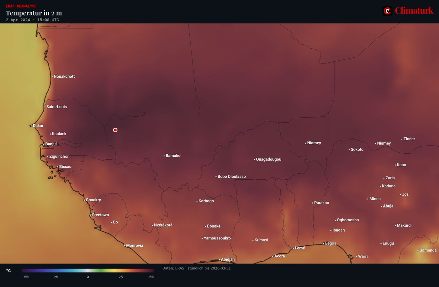 Karte Westafrikas: ERA5-Temperatur in 2 m am 2. April 2024 um 15 UTC, mit dem dunkelsten Rot, über 45 °C, über dem Westen Malis um Kayes.
