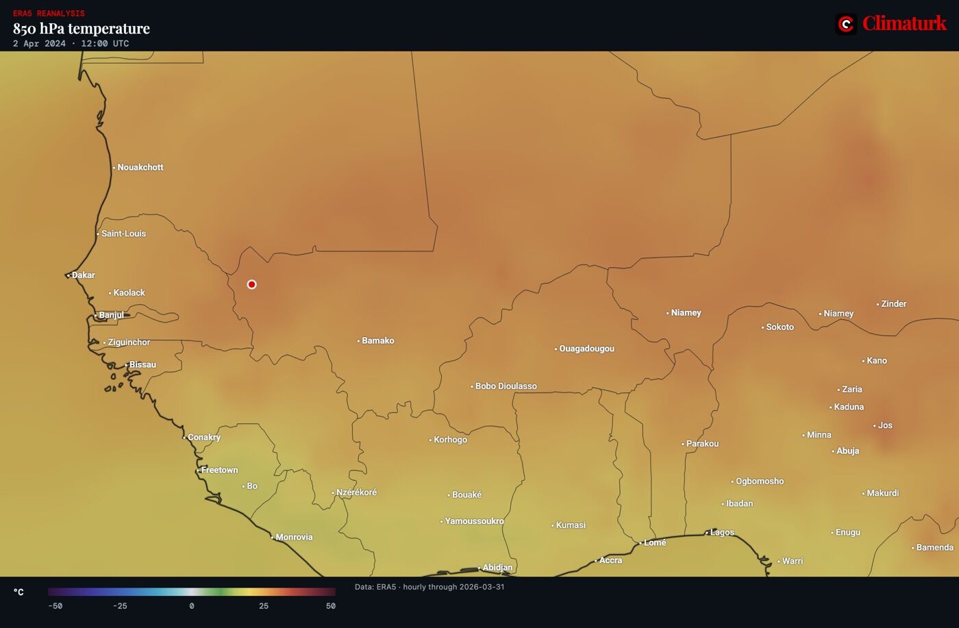 ERA5 850 hPa temperature over West Africa, 2 April 2024 12 UTC