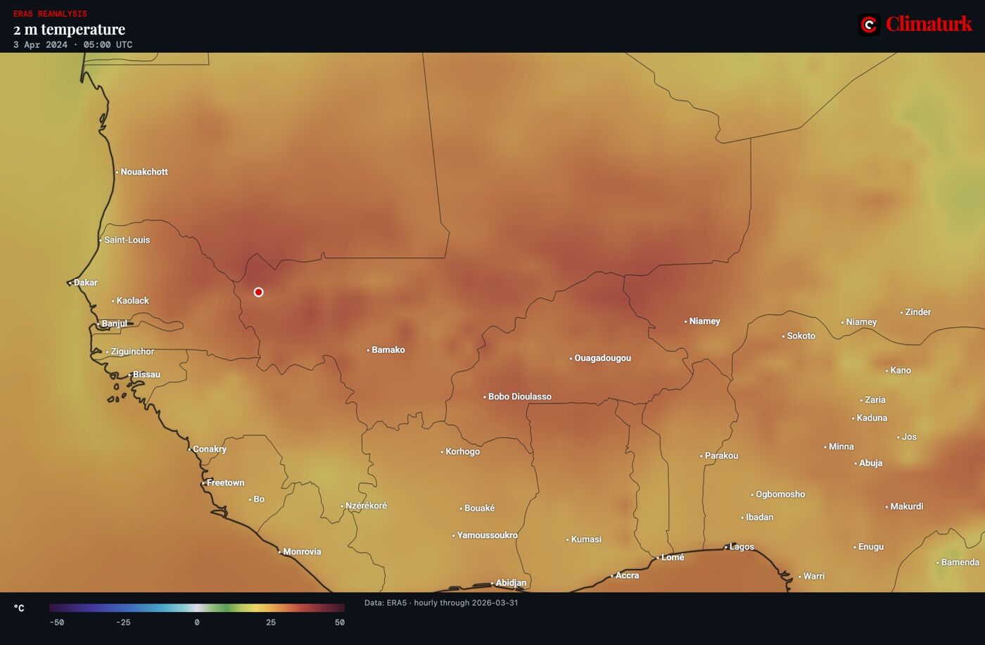 ERA5 2 m temperature over West Africa, 3 April 2024 05 UTC