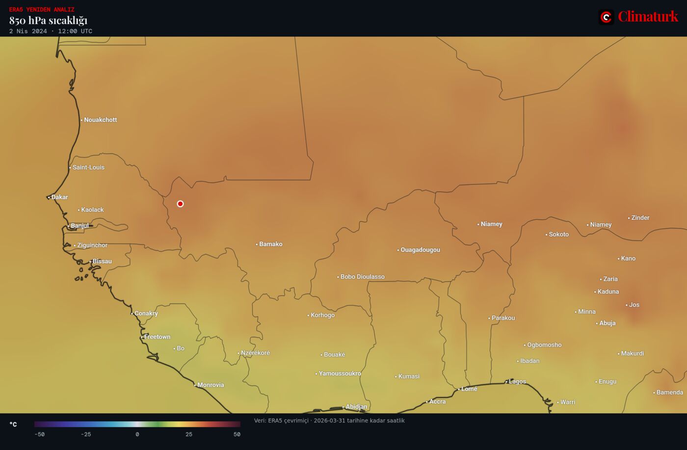 Batı Afrika üzerinde ERA5 850 hPa sıcaklığı, 2 Nisan 2024 12 UTC
