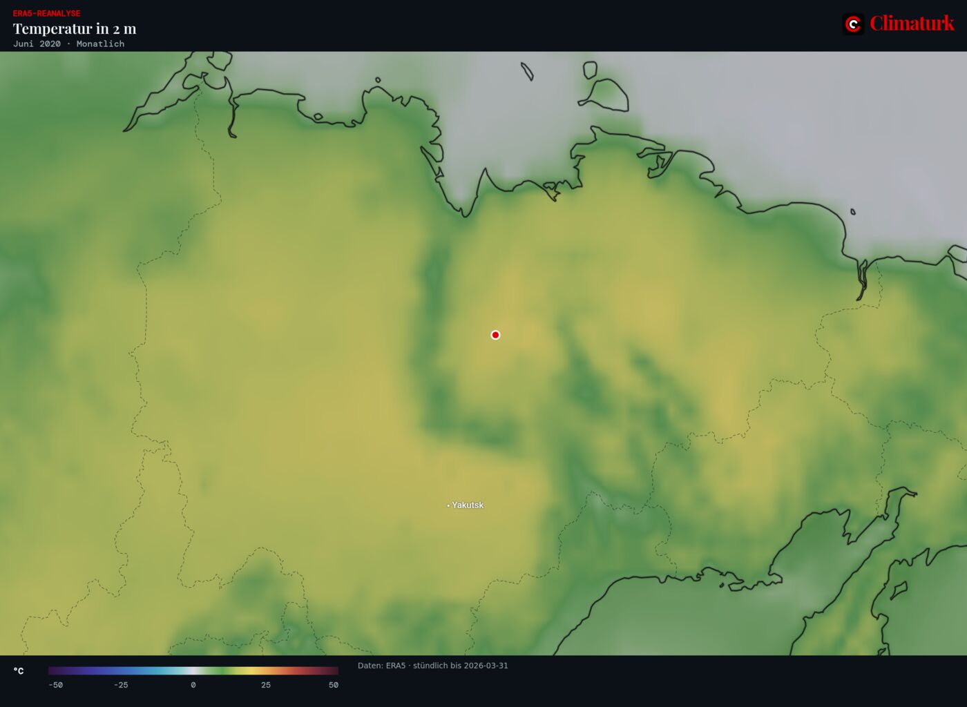 ERA5-Mittel der Temperatur in 2 m über Nordostsibirien, Juni 2020