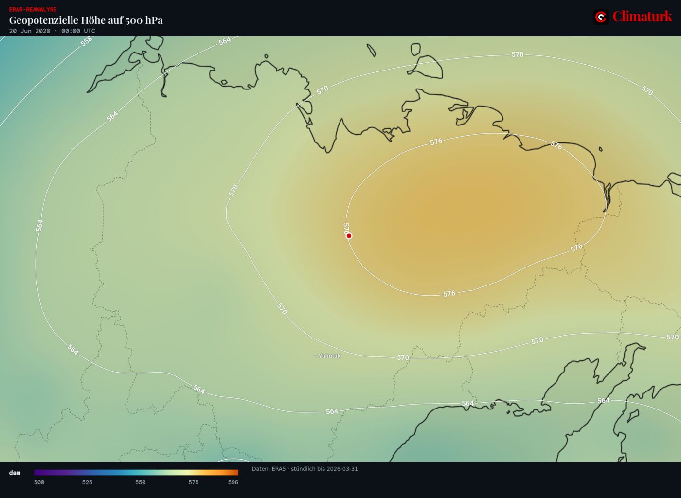 ERA5-Geopotential in 500 hPa über Nordostsibirien, 20. Juni 2020 00 UTC