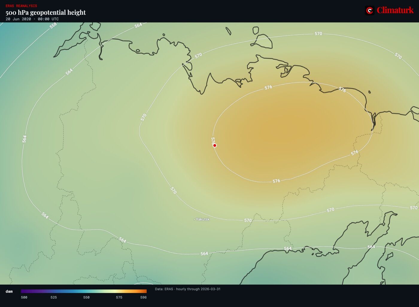 ERA5 500 hPa geopotential height over north-eastern Siberia, 20 June 2020 00 UTC