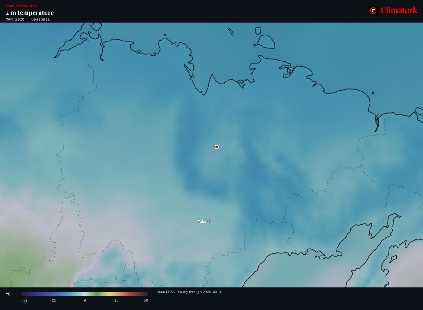 ERA5 mean 2 m temperature over north-eastern Siberia, March to May 2020