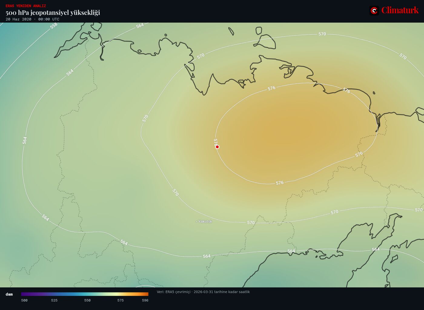 Kuzeydoğu Sibirya üzerinde ERA5 500 hPa jeopotansiyel yüksekliği, 20 Haziran 2020 00 UTC