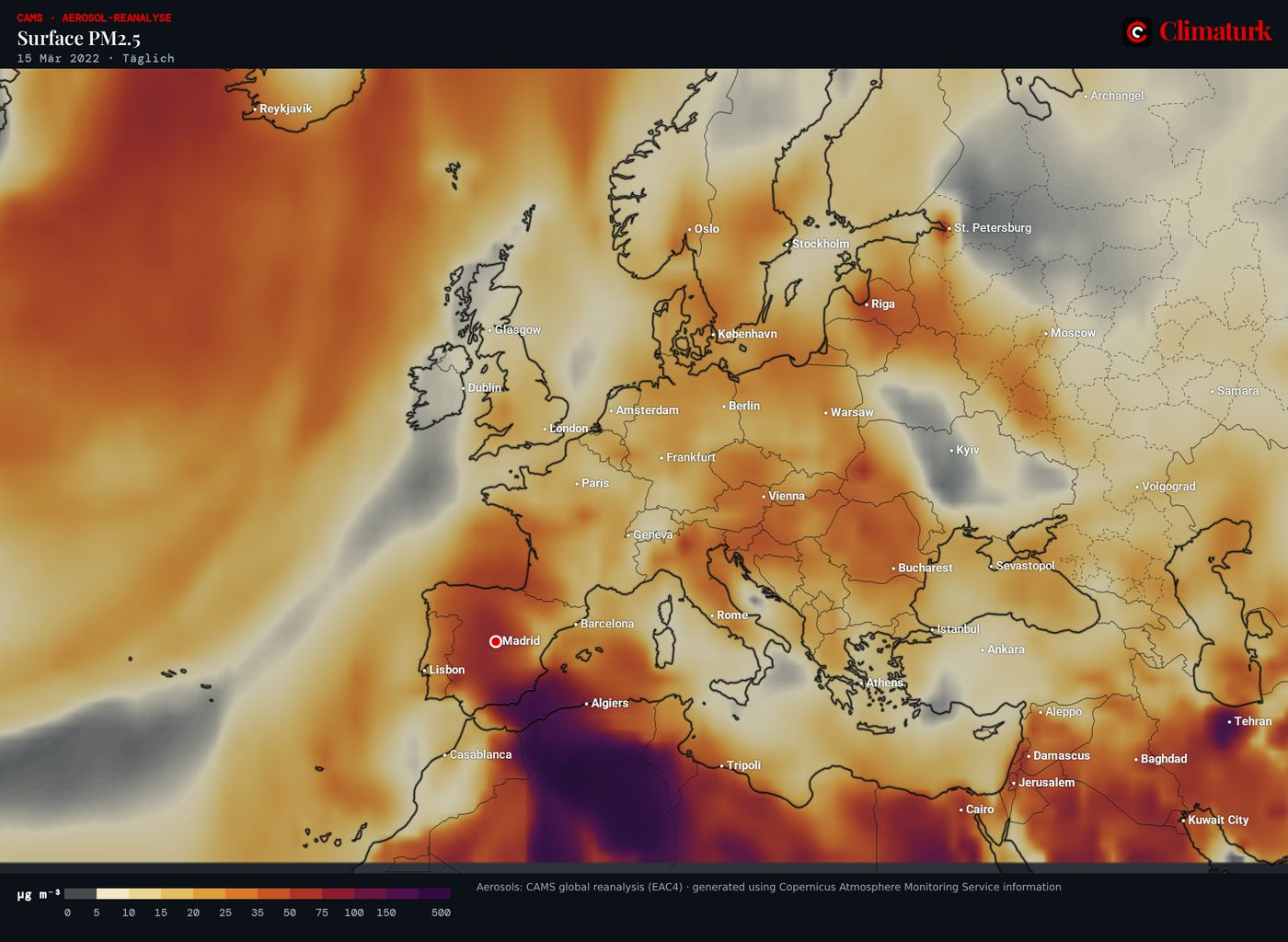 PM2.5 am Boden über Europa am 15. März 2022