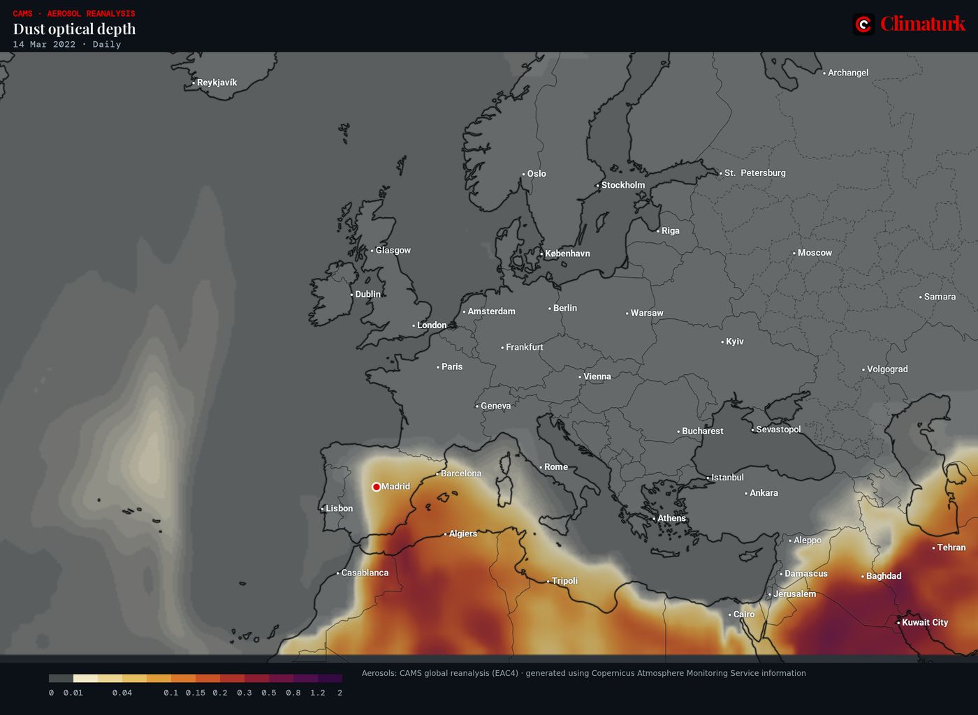 Dust optical depth on 14 March 2022