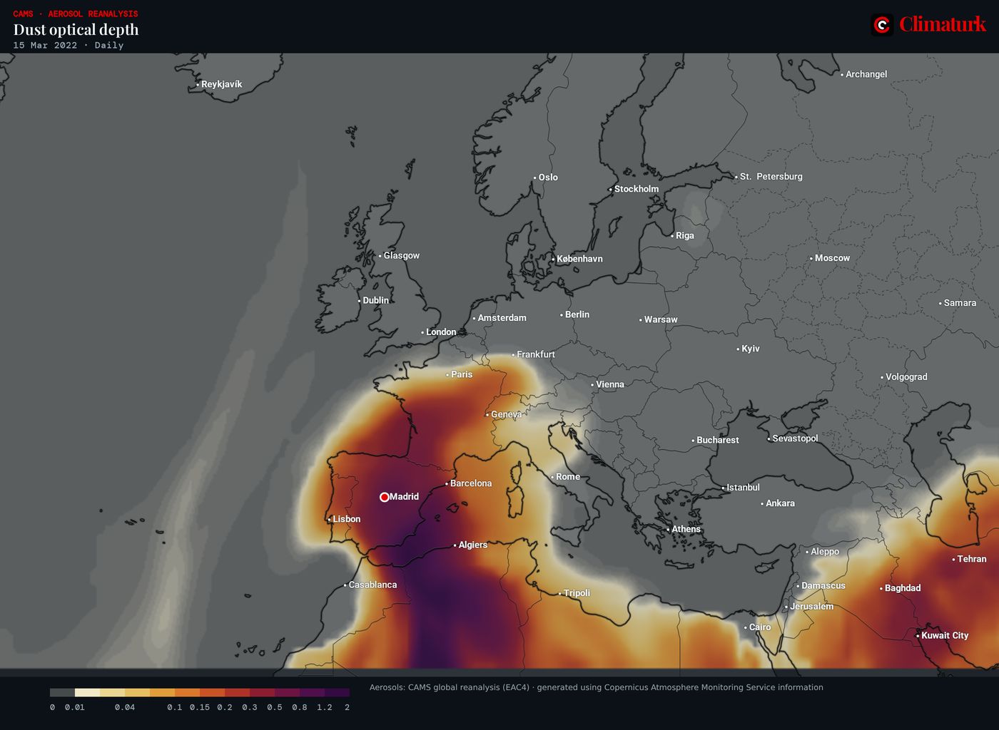 Map of Europe: dust optical depth on 15 March 2022. A thick plume rises from Algeria over Spain and France to the Alps.