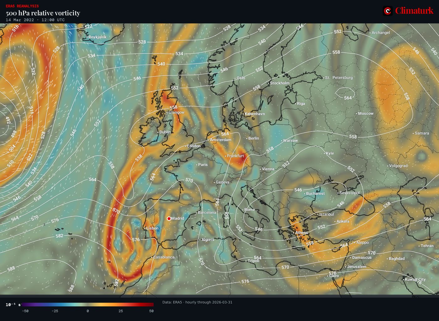 ERA5 500 hPa relative vorticity and geopotential height, 14 March 2022 12 UTC