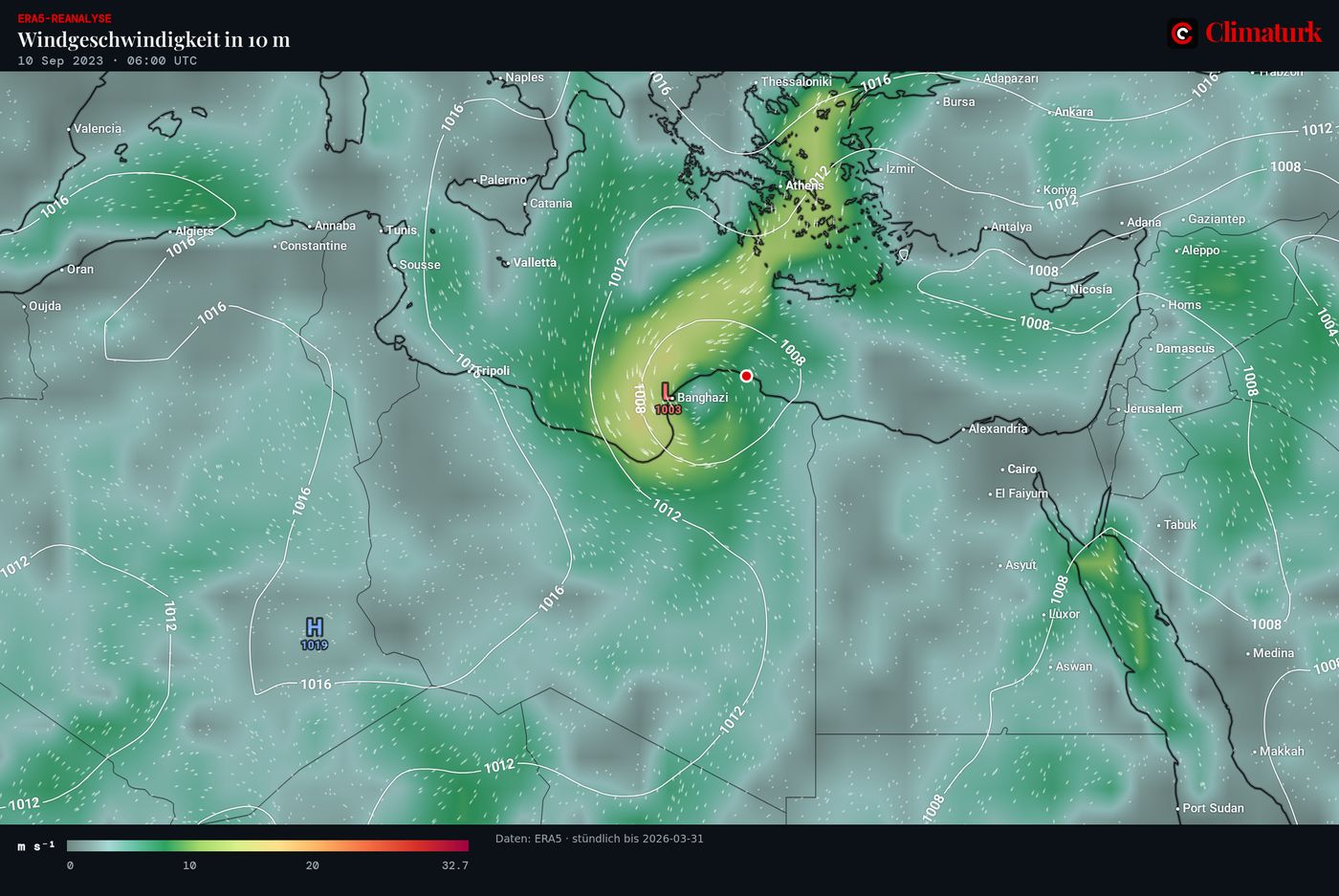 ERA5 Wind in 10 m und Bodendruck über Libyen, 10. September 2023 06 UTC