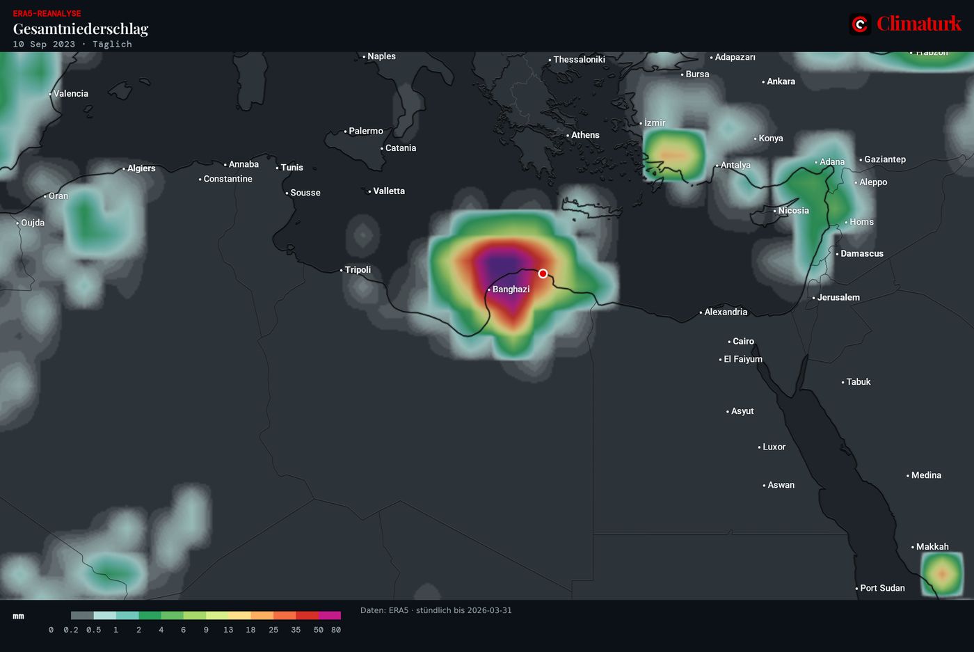 ERA5-Tagesniederschlag über Ostlibyen, 10. September 2023