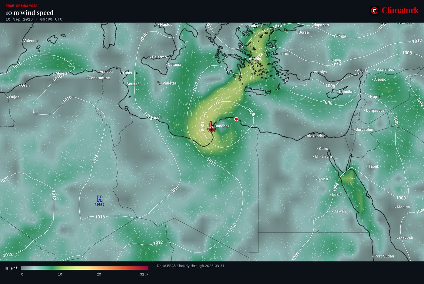 ERA5 10 m wind and sea-level pressure over Libya, 10 September 2023 06 UTC