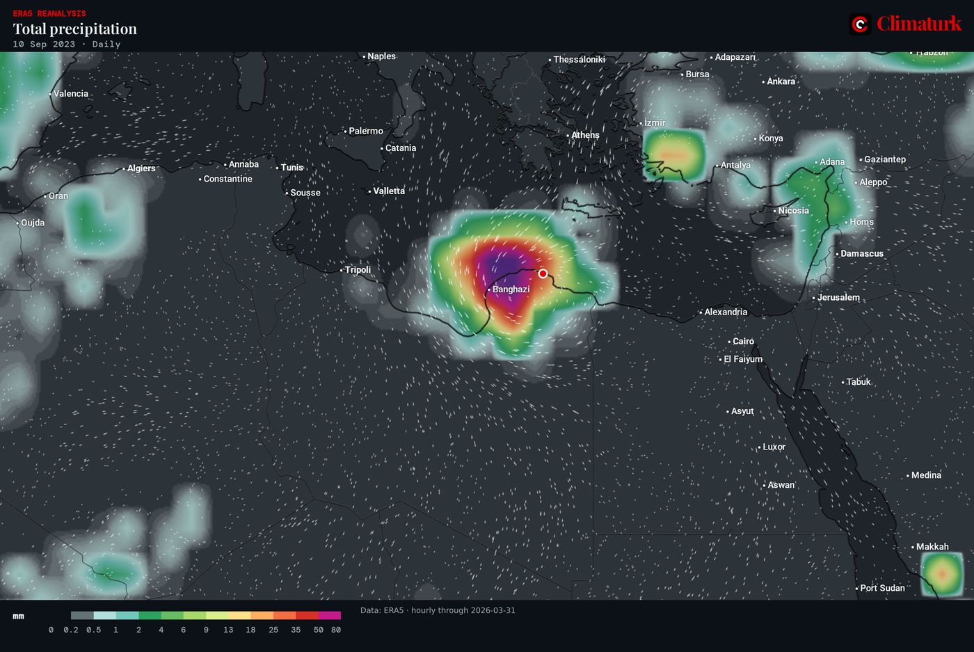 ERA5 daily precipitation over eastern Libya, 10 September 2023