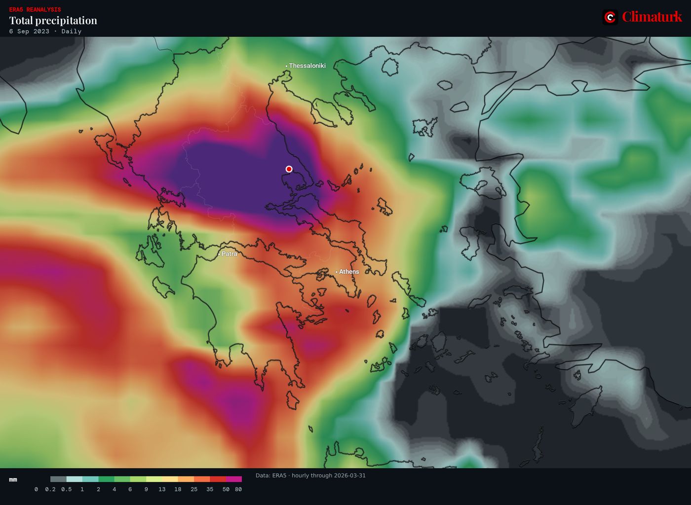 ERA5 daily precipitation over Greece, 6 September 2023