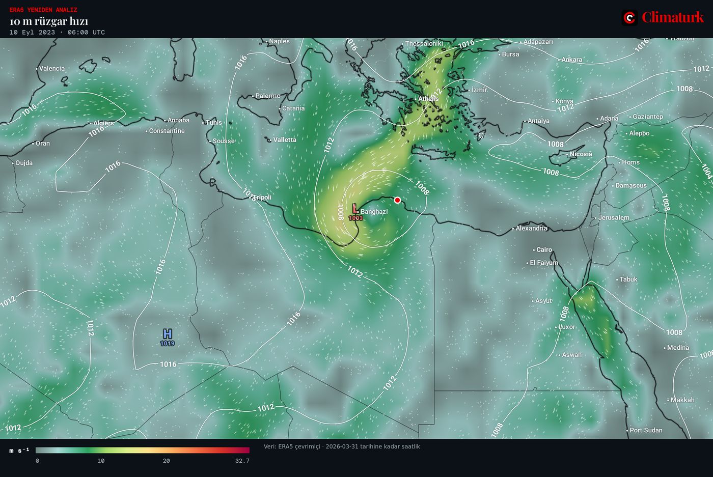 ERA5 10 m rüzgârı ve deniz seviyesi basıncı, Libya, 10 Eylül 2023 06 UTC