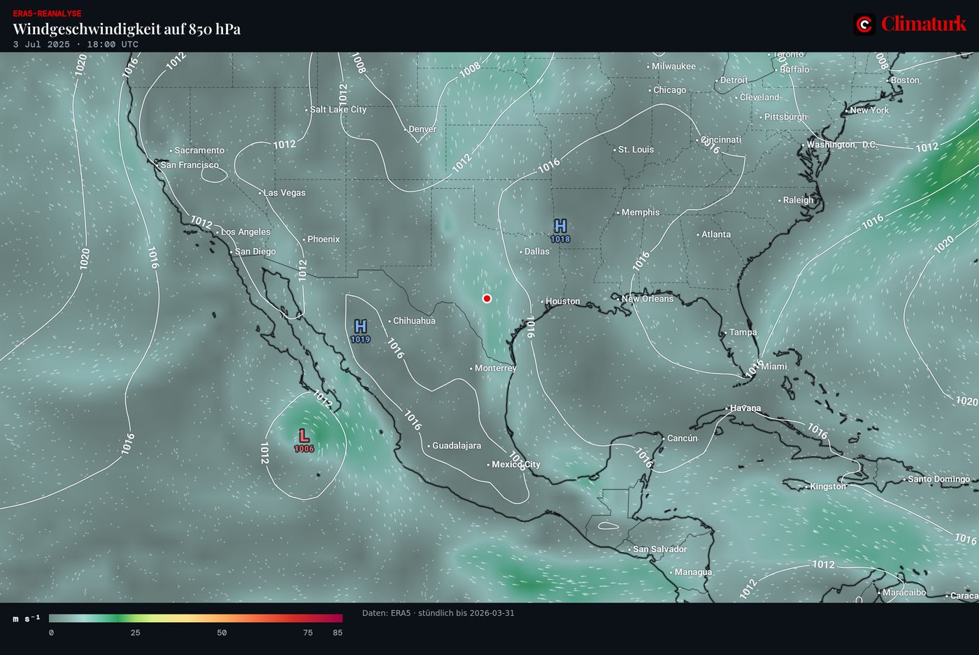 ERA5 Wind in 850 hPa mit Bodendruck über Texas, 3. Juli 2025 18 UTC