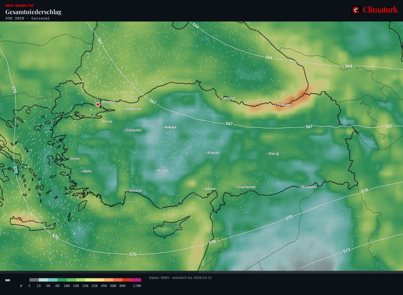 Karte der Türkei: ERA5-Niederschlag September bis November 2020.