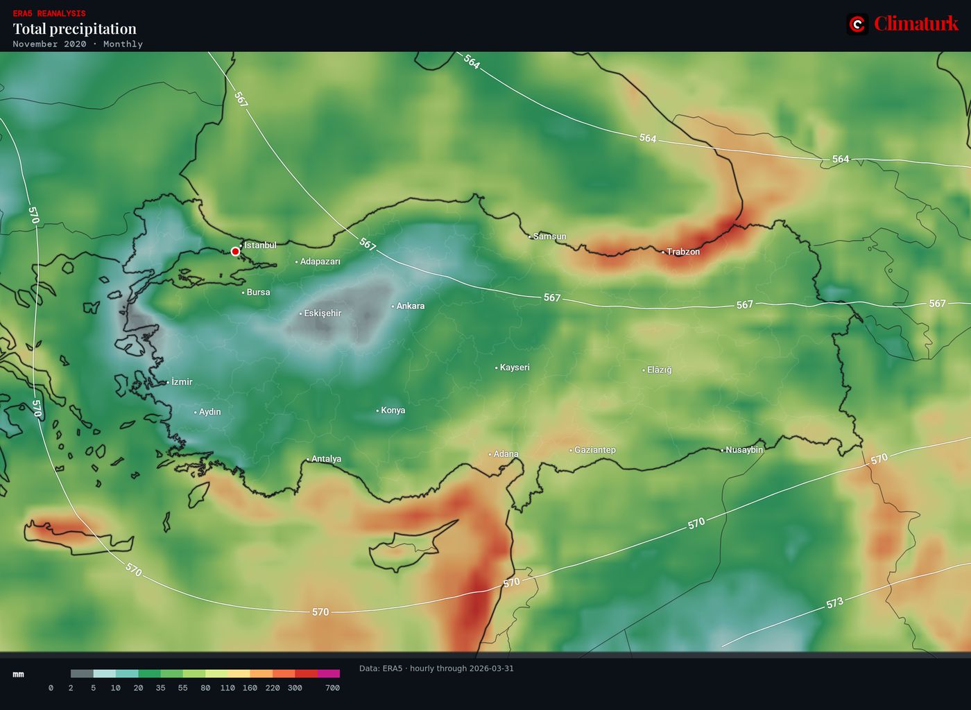 ERA5 precipitation over Türkiye, November 2020