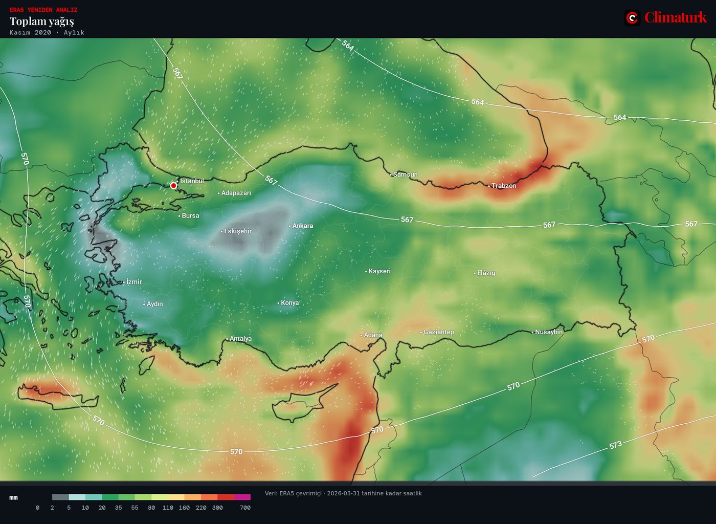 Kasım 2020'de Türkiye üzerinde ERA5 yağışı