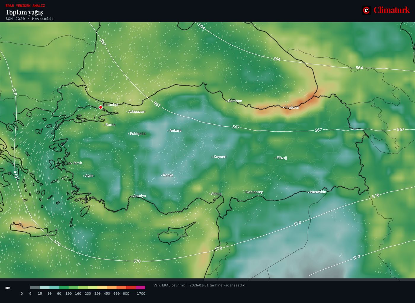 Türkiye haritası: Eylül–Kasım 2020 ERA5 yağışı.