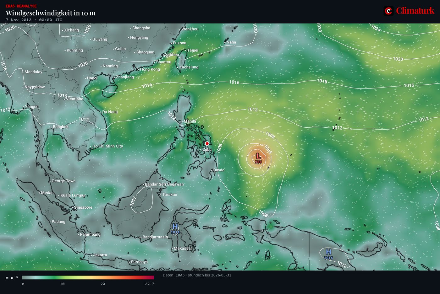 ERA5 Wind in 10 m und Bodendruck über den Philippinen, 7. November 2013 00 UTC