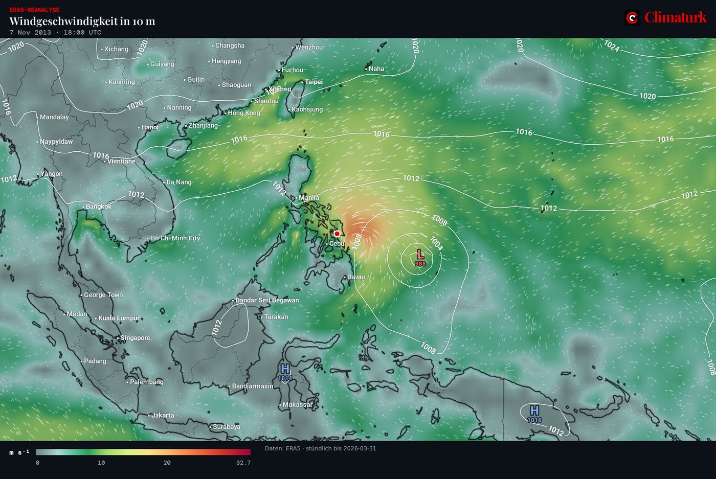 Karte der Philippinen und des Westpazifiks: Windgeschwindigkeit in 10 m und Bodendruck am 7. November 2013 um 18 UTC, mit einem kompakten Tief über den zentralen Philippinen.