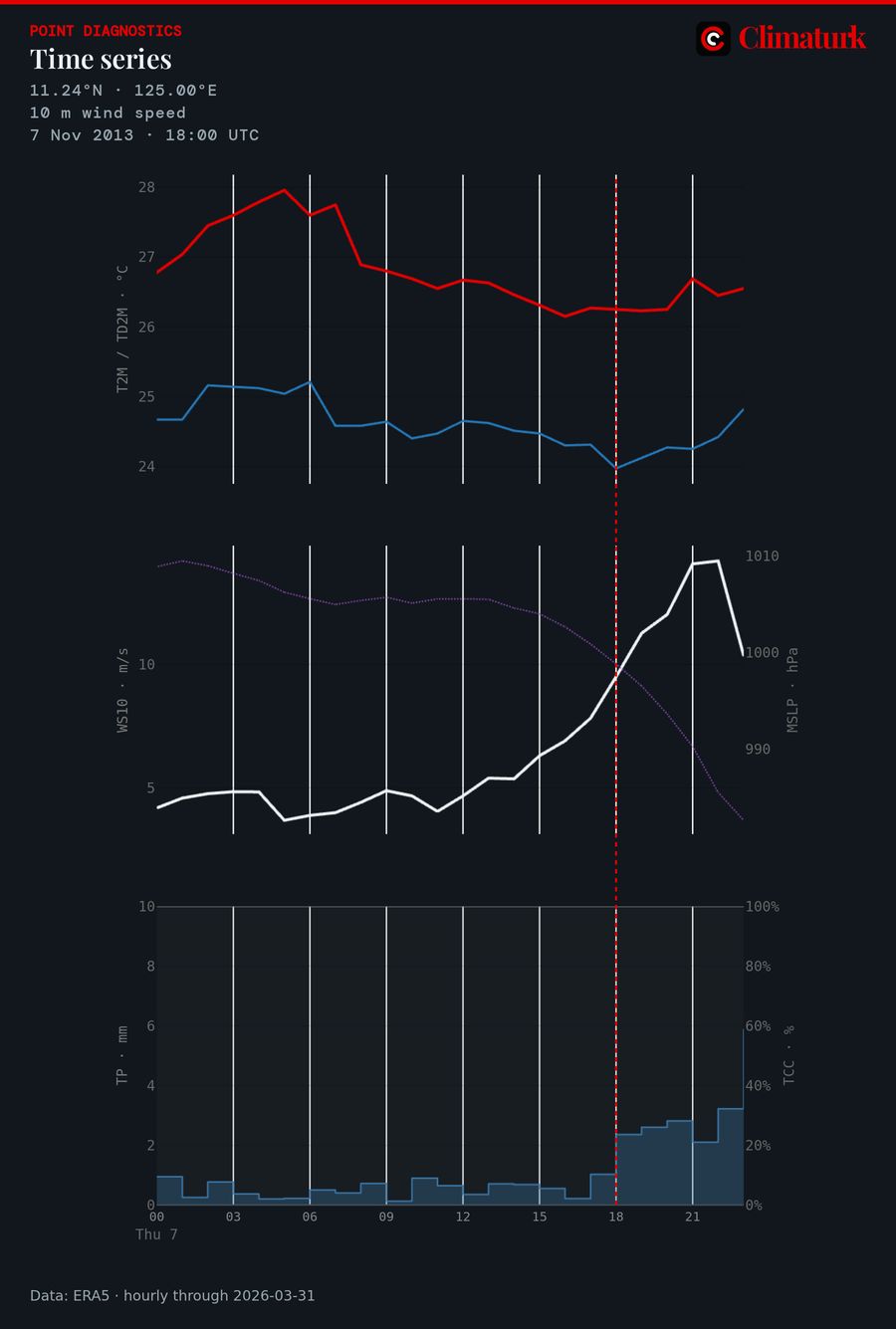 Hourly ERA5 time series at Tacloban for 7 November 2013