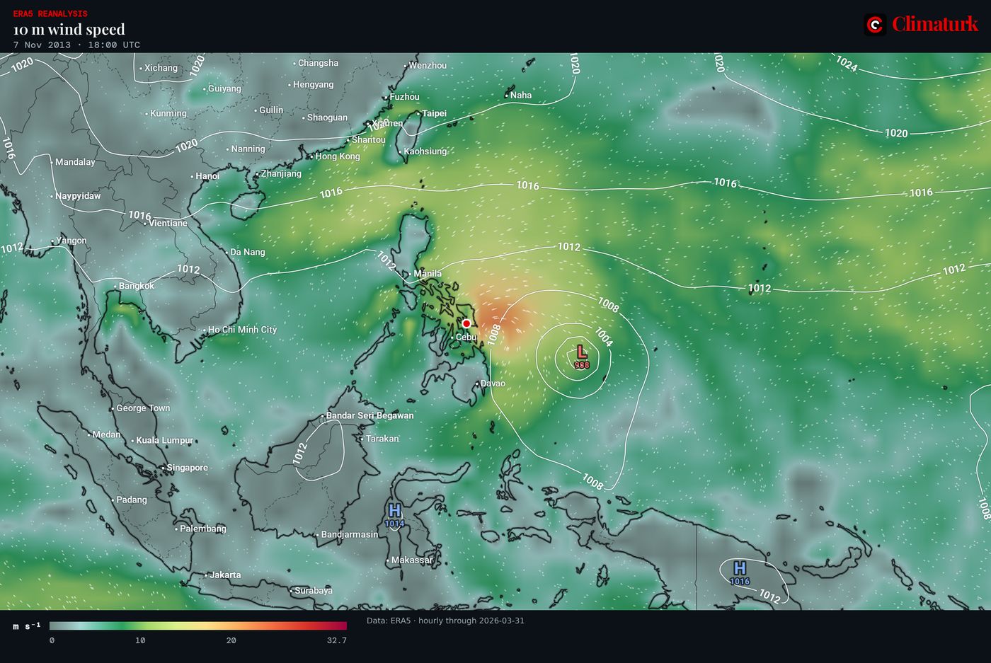 Map of the Philippines and the western Pacific: 10 m wind speed and sea-level pressure on 7 November 2013 at 18 UTC, with a compact low over the central Philippines.
