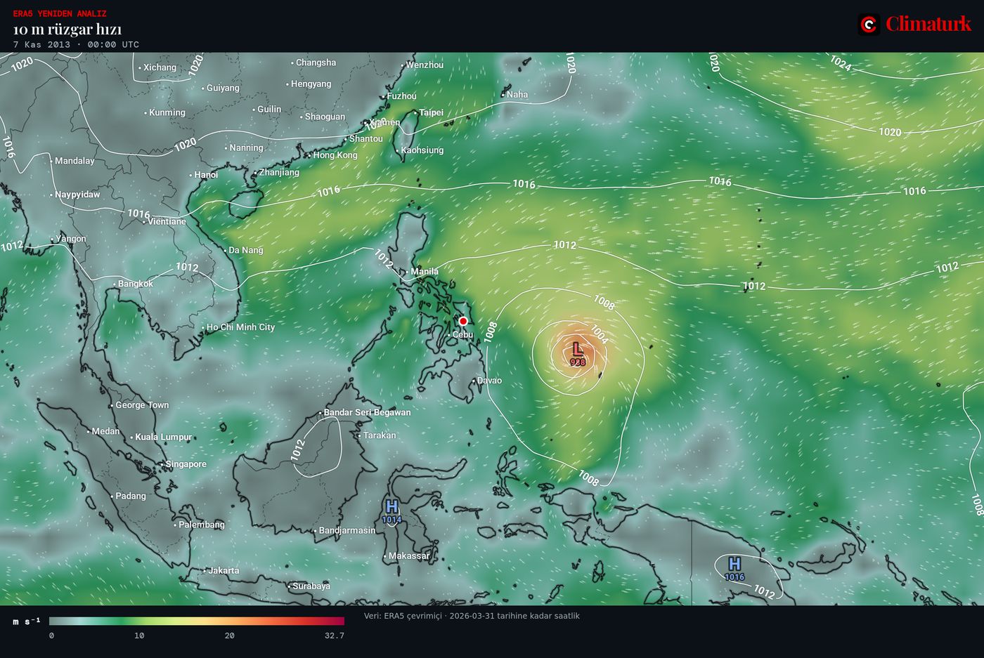 ERA5 10 m rüzgârı ve deniz seviyesi basıncı, Filipinler, 7 Kasım 2013 00 UTC