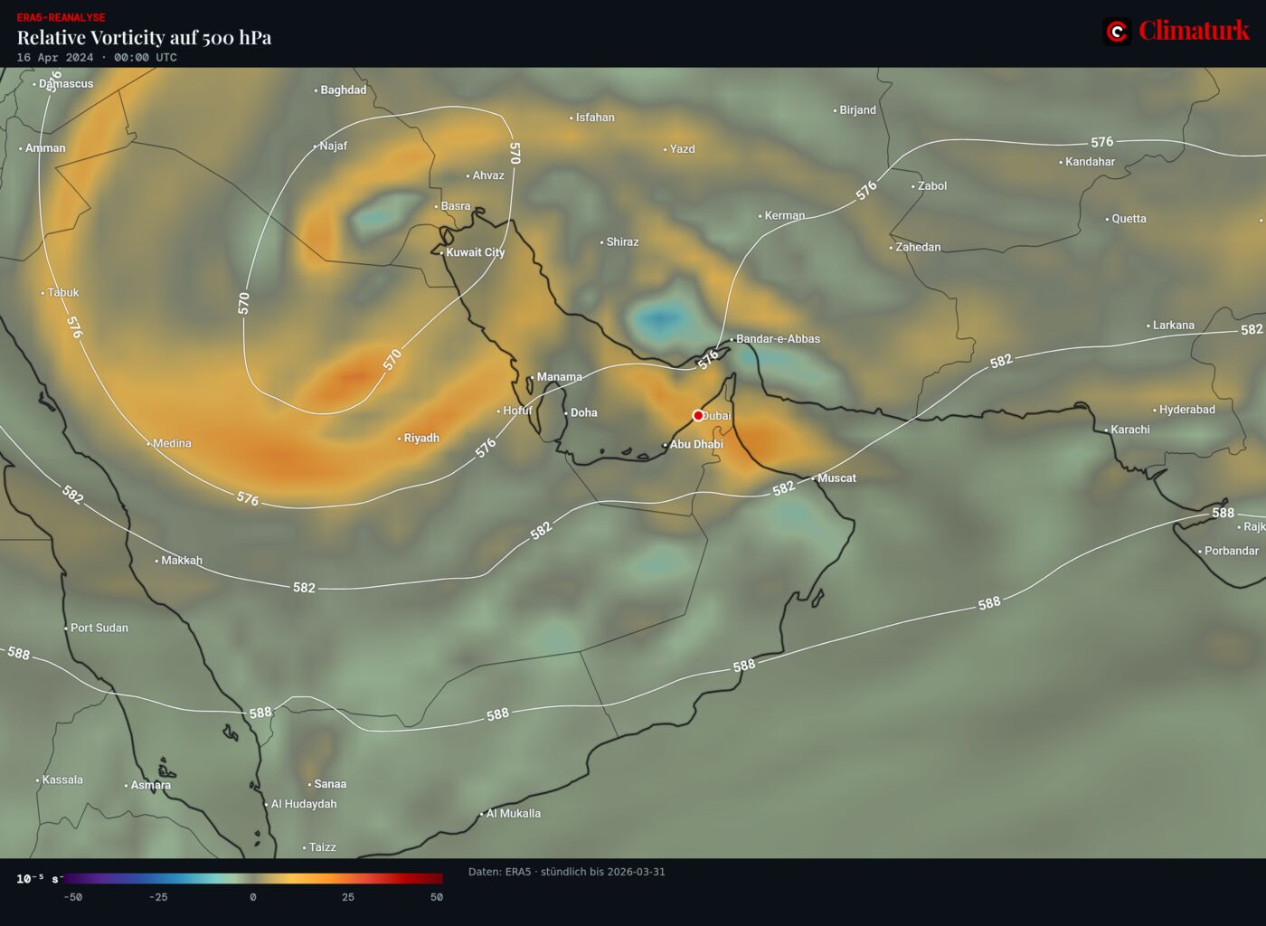 ERA5-Vorticity und Geopotential in 500 hPa über dem Nahen Osten, 16. April 2024 00 UTC